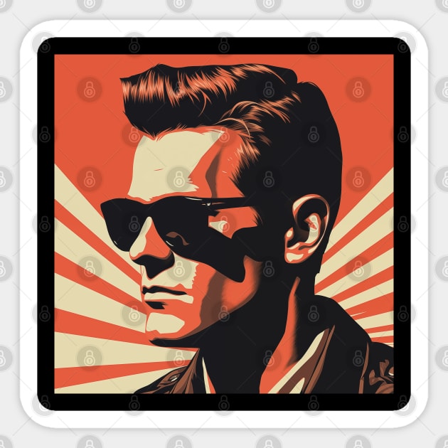 Vector Vintage Red Illustration – 1950s Gentleman with Dark Shades and Fashionable Hairstyle Amid Vintage Sunbeams. Sticker by Art KateDav